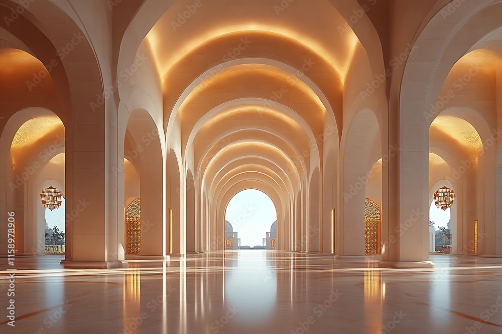 Grand hall with arches, columns, and warm lighting. Grand hall with arches, columns, and warm lighting.
