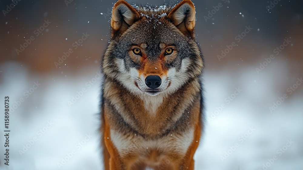 Majestic wolf in snowy winter forest, intense gaze. Majestic wolf in snowy winter forest, intense gaze.