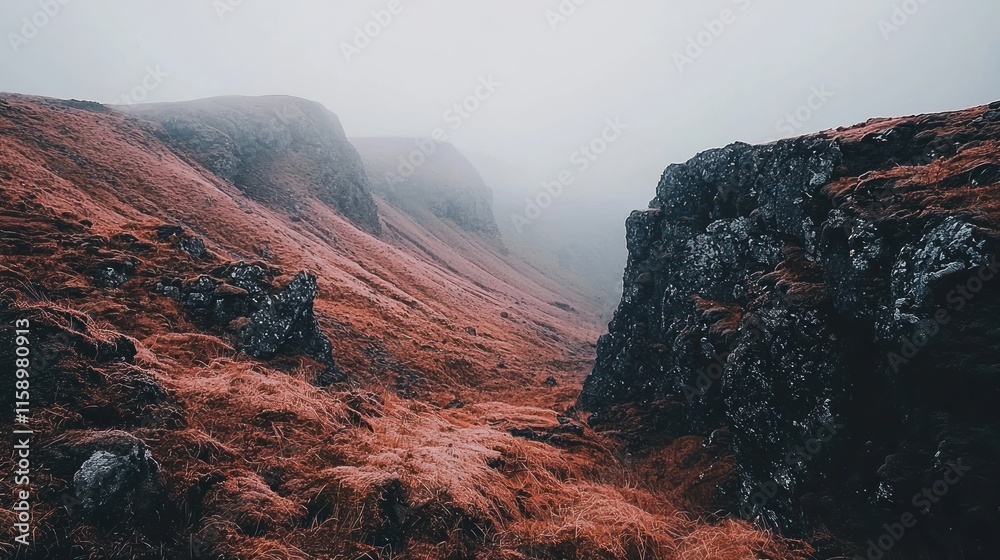 Naklejka premium Misty mountain valley with red grass and dark rocks.