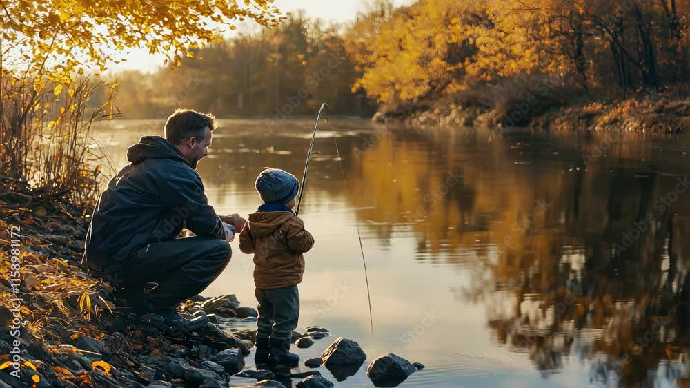 father teaches son to fish. Selective focus