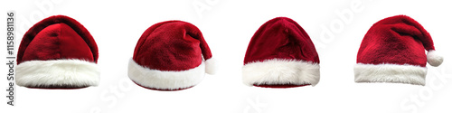 Close up of a cozy plush red Santa Claus hat with soft white fur trim ready for the festive Christmas holiday season  The classic Christmas headgear accessory for winter and parties photo