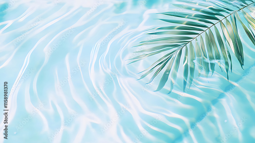 Palm leaf floats on calm, turquoise water; summer, tropical vibes. Palm leaf floats on calm, turquoise water; summer, tropical vibes.