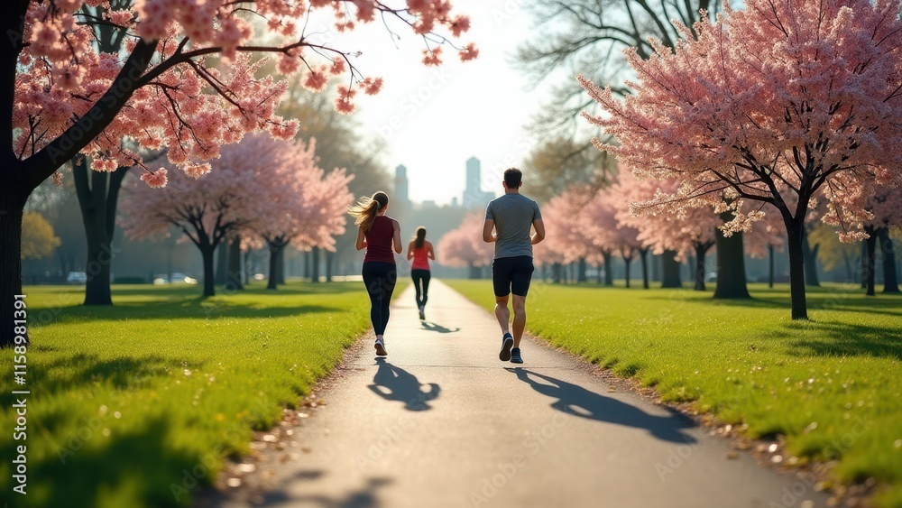 First signs of spring, City park with thawed paths, joggers, blooms, clear sky, photorealistic. First signs of spring, City park with thawed paths, joggers, blooms, clear sky, photorealistic.