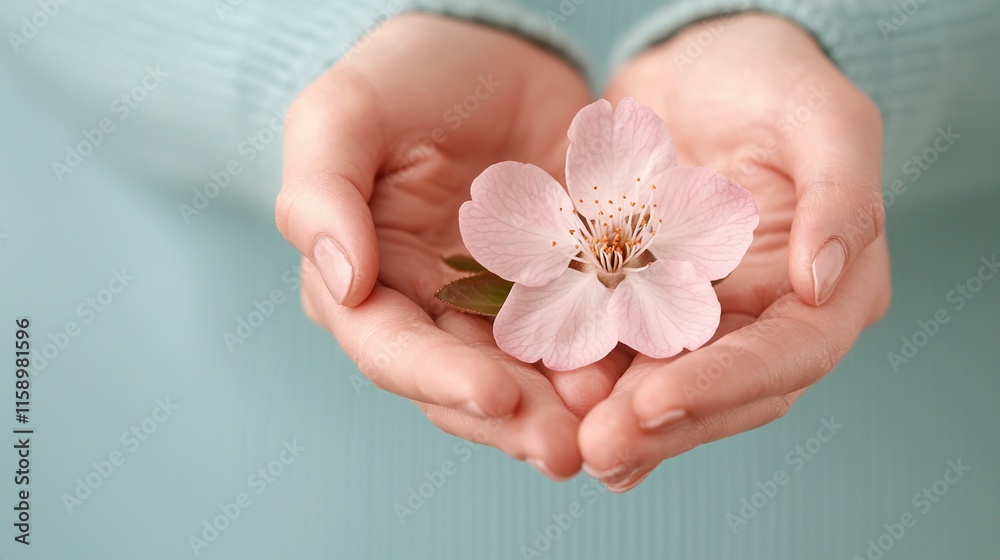 Gentle Hands Cradling a Delicate Cherry Blossom Pink Flower Against Calm Background - Love message Gentle Hands Cradling a Delicate Cherry Blossom Pink Flower Against Calm Background - Love message