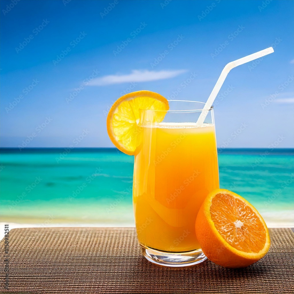 a glas of orange juice, on the deks with blue sky and calm sea a glas of orange juice, on the deks with blue sky and calm sea