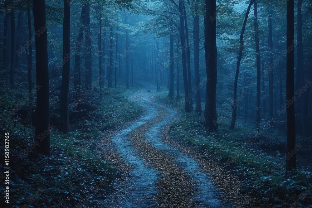 Fototapeta premium Winding path through a dark forest with ethereal hints of movement at dusk