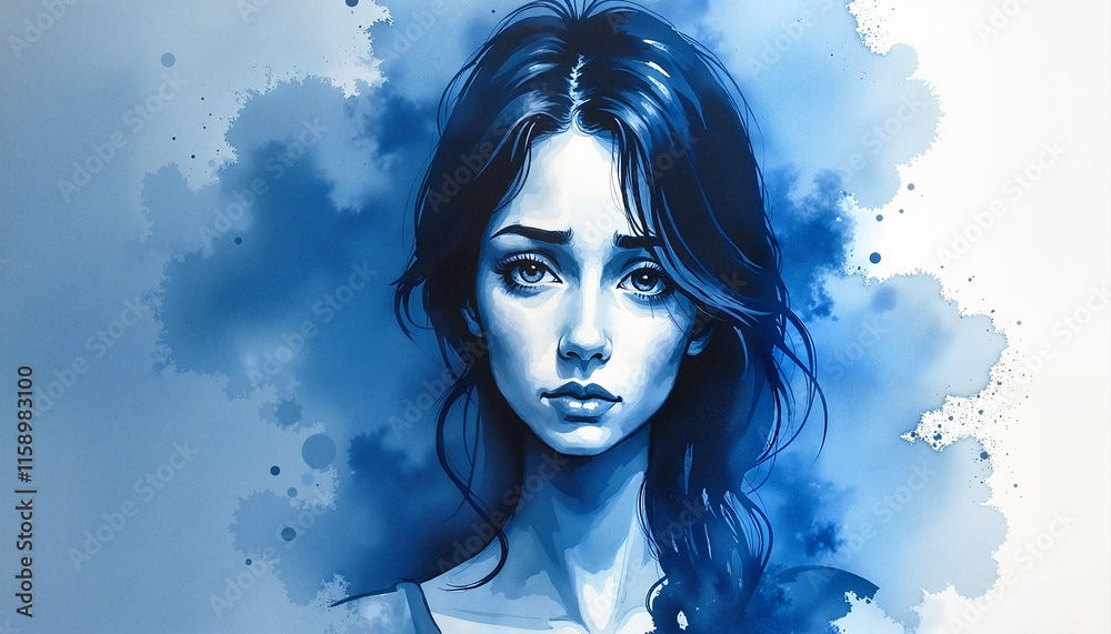 Portrait of a young woman expressing sadness in blue watercolor style on a white background, Blue Monday, depression Portrait of a young woman expressing sadness in blue watercolor style on a white background, Blue Monday, depression