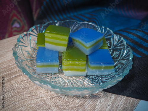 Layered Thai Jelly Dessert in Glass Plate Kueh Lapis 