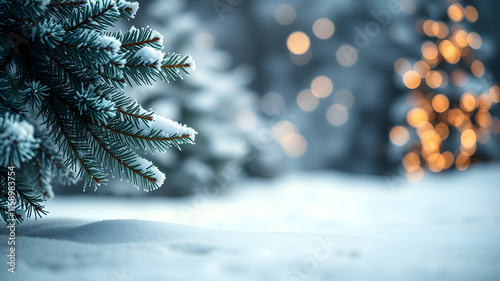  Frosty Pine Branch in Snowy Landscape with Lights