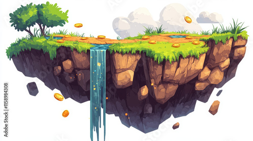 Flying rock islands vector game landscape isolated elements. Cartoon floating platform for arcade videogame. 2d ui level map with gold goin on transparent background. World asset design photo