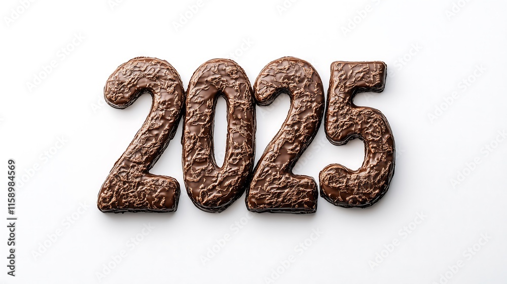 number 2025 with chocolate texture written in 3d isolated on white background number 2025 with chocolate texture written in 3d isolated on white background