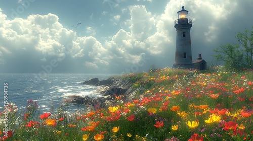 Coastal Lighthouse Amidst Vibrant Wildflowers