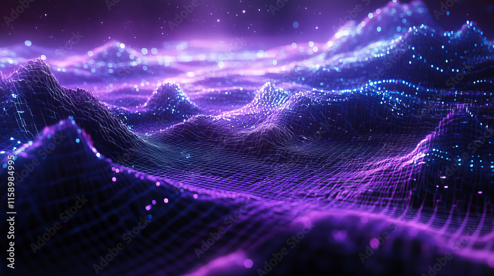 Abstract neon glow blue and purple wireframe 3d wave or mountain map for new retro wave background. Realistic vector futuristic cyber bg with grid topography landscape and wavy geometric surface.