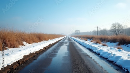 First signs of spring, Rural road with snow melting, fresh soil, greenery, blue sky, photorealistic. photo