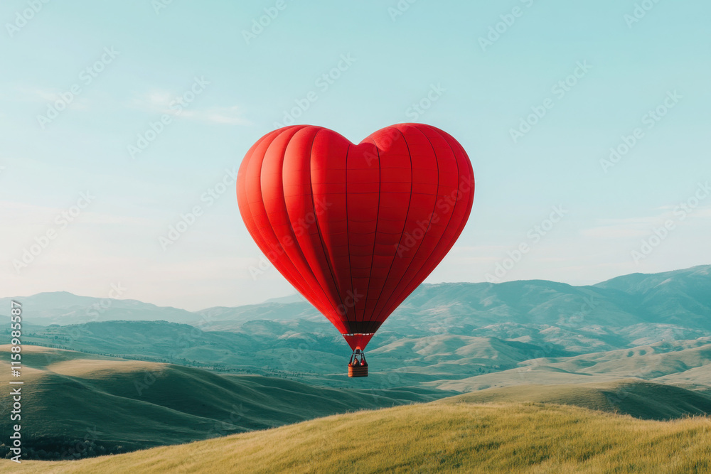 Fototapeta premium A vibrant heart-shaped hot air balloon soaring above green hills.