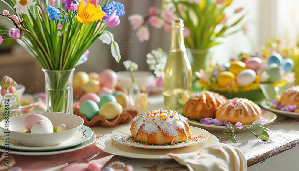 Naklejka premium Easter celebration with a colorful table setting. Easter feast with painted eggs and fresh flowers. Festive Easter table with spring flowers and pastries