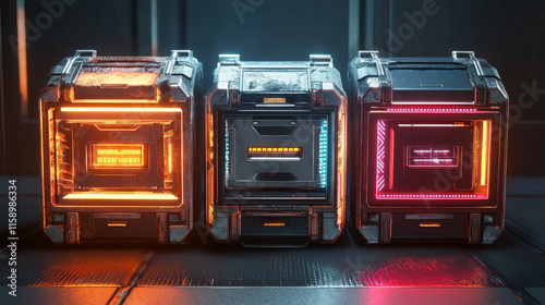 Game futuristic boxes, future technology chests. Icons of sci-fi equipment, metal loot boxes with electronic lock and display with neon light, vector cartoon illustration isolated on background