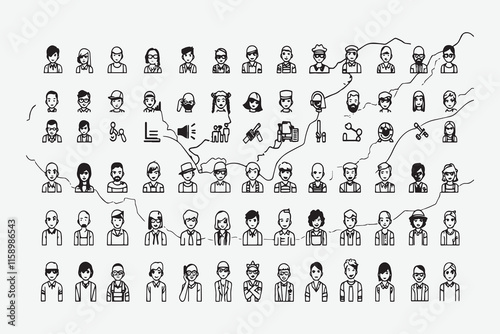 a line art vactor in black and white with a grid arrangement of several stylized human characters, each of whom represents a distinct occupation