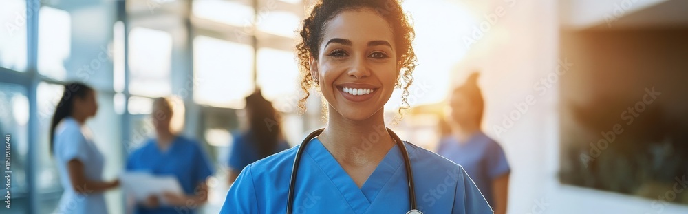 Fototapeta premium Healthcare professional smiling in hospital environment medical training warm atmosphere positive vibes inspiring future