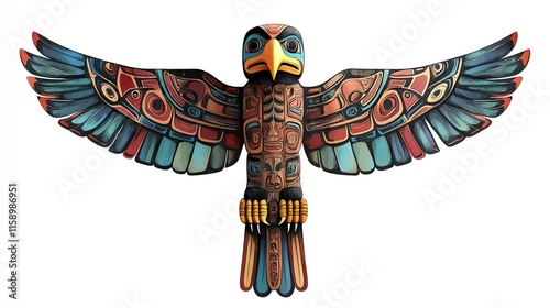 Colorful totem hawk sculpture with intricate designs, white isolate background.