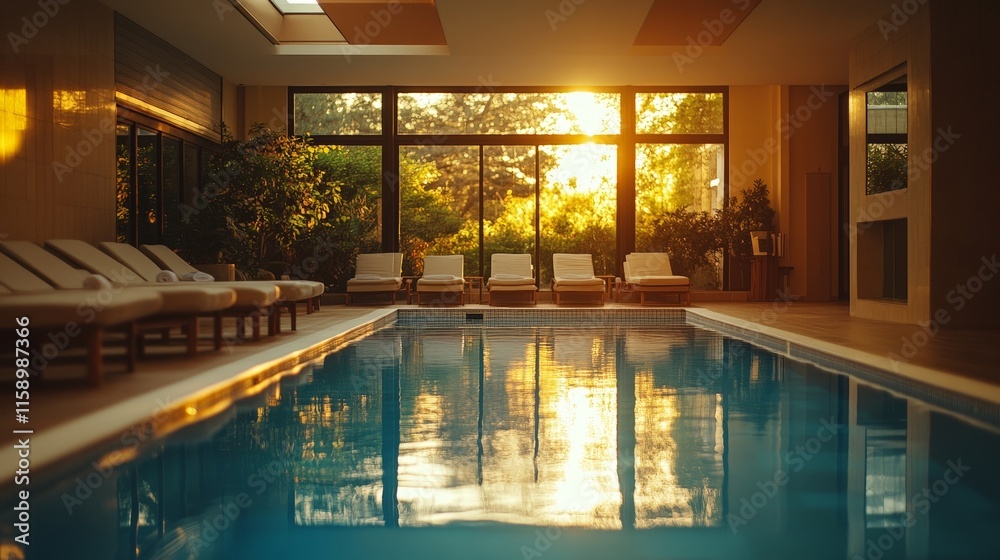 Obraz premium Elegant Indoor Swimming Pool with Lounge Chairs and Sunlit Windows