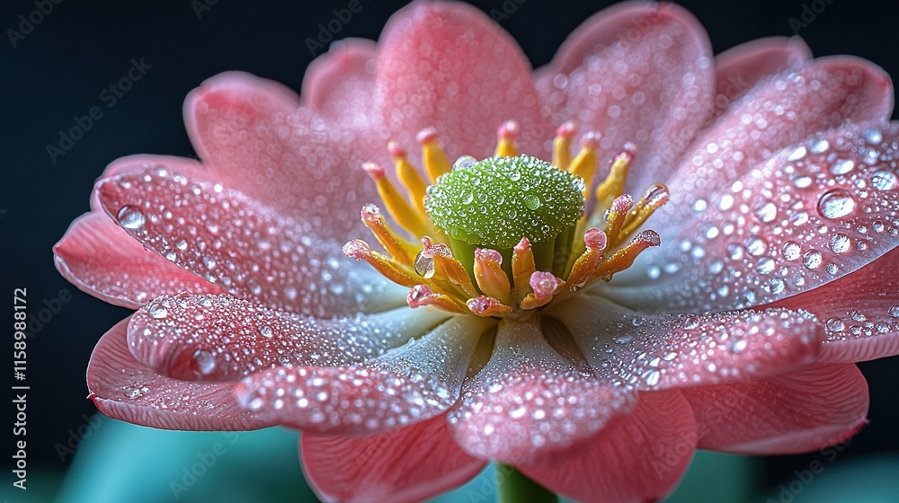 A zoomed-in photograph of a vivid pink blossom adorned with droplets of water and a verdant stem in the focal point of the image A zoomed-in photograph of a vivid pink blossom adorned with droplets of water and a verdant stem in the focal point of the image