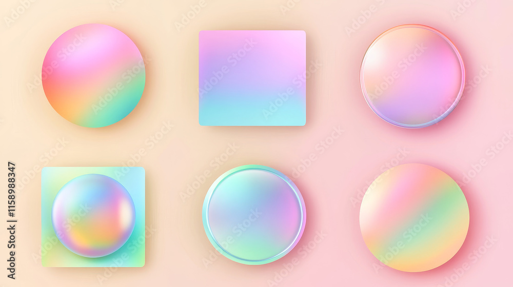 Holographic iridescent texture sticker or label, pearlescent rainbow or unicorn blur badge with soft pastel colors, vector stamp with gradient ombre neon effect, square, round shape price or sale tag Holographic iridescent texture sticker or label, pearlescent rainbow or unicorn blur badge with soft pastel colors, vector stamp with gradient ombre neon effect, square, round shape price or sale tag