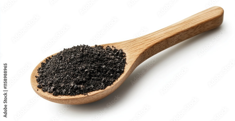 Black pepper powder in a wooden spoon and sprinkled black peppers on a white background, isolated Black pepper powder in a wooden spoon and sprinkled black peppers on a white background, isolated