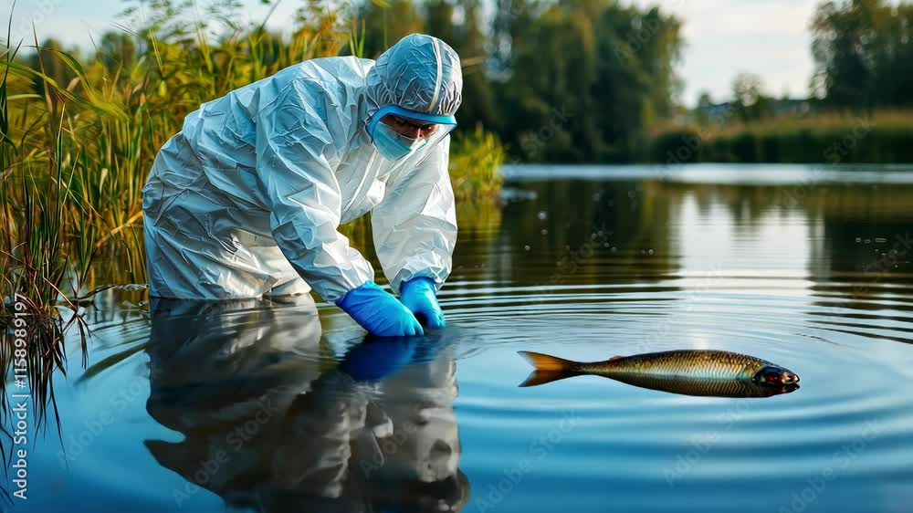 a virologist in protective clothing near a lake with dead fish. Selective focus a virologist in protective clothing near a lake with dead fish. Selective focus