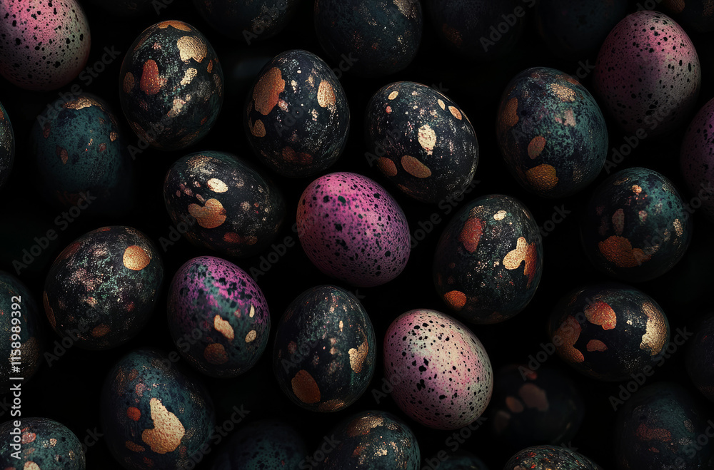 A collection of beautifully decorated eggs featuring rich colors and unique patterns creates a stunning arrangement A collection of beautifully decorated eggs featuring rich colors and unique patterns creates a stunning arrangement