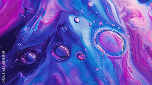 Vibrant abstract image with colorful swirls and droplets showcasing a blend of purple and blue tones. photo