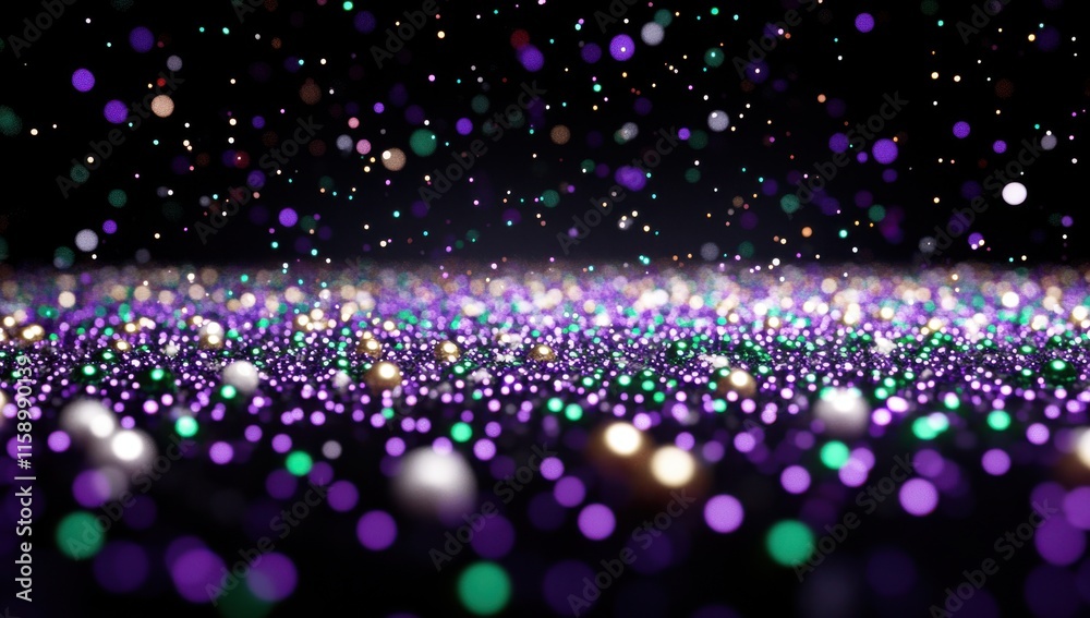 Fototapeta premium Colorful Bokeh Lights in Abstract Background with Glittering Particles for Celebratory and Festive Themes in Vibrant Hues of Purple, Green, Gold, and White