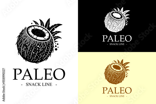full coconut with leaves, paleo snacks, paleo logo, nuts shop, organic products, natural, nutrition, green, leafy, keto diet, diet plan, vector, icon, silhouette