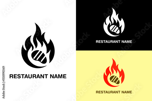 beef piece in the fire, fry, cooking, steak, paleo, restaurant logo, juicy meat, meal plan, dietary, organic product shop, food truck, food stall, vector logo, silhouette