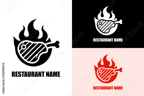bone with meat in fire, beef steak, paleo food, dietary, nutrition, organic, restaurant logo, meal, icon, lines, food truck, food cart, chef, vector, illustration