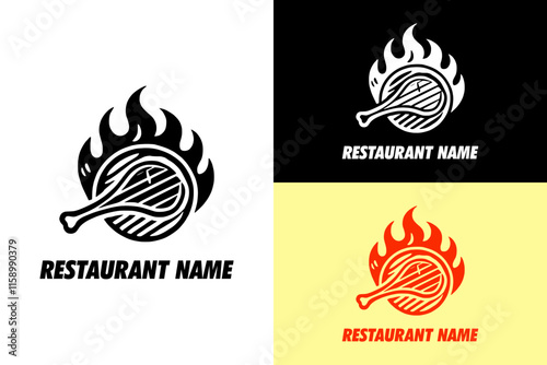 bone with meat in a fire and grill, restaurant logo, paleo food, natural, beef steak, meal plan, diet food, tender, juicy, vector graphics, silhouette