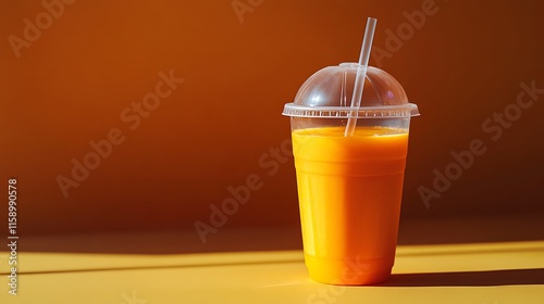 Bright and vibrant orange juice in a plastic cup with a lid and straw, set against a solid background with clean lines and no distractions. photo