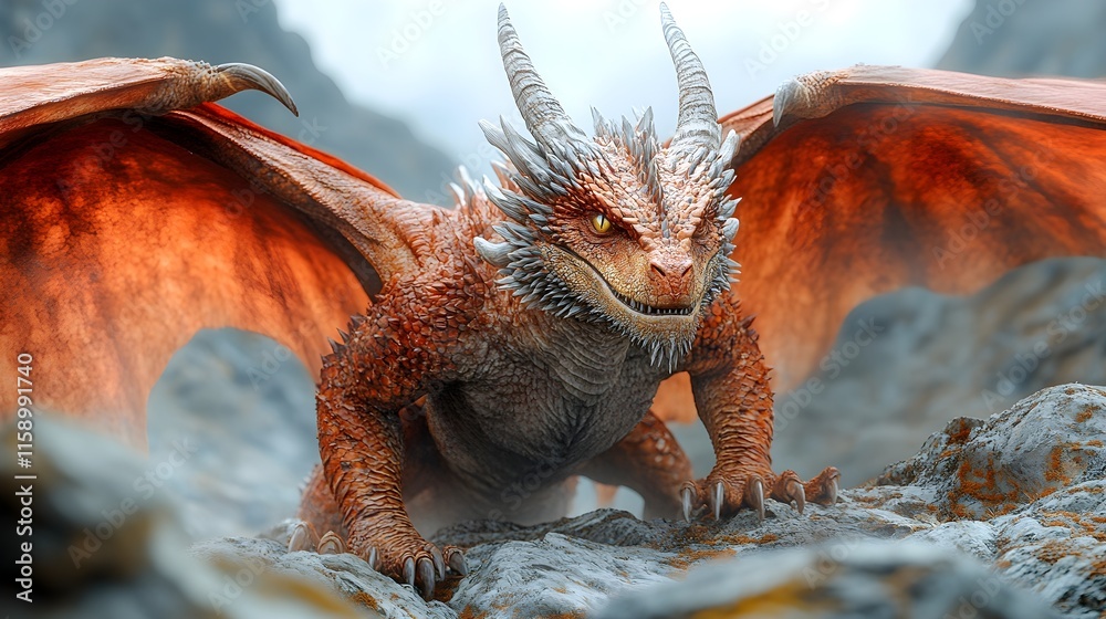 Majestic orange-winged dragon in fantasy setting Majestic orange-winged dragon in fantasy setting