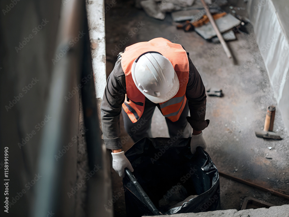 A worker removes construction waste into a black bag A worker removes construction waste into a black bag