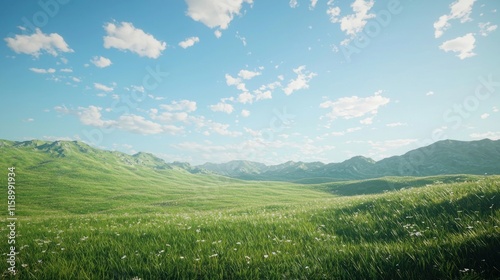 Sunny day, green valley, rolling hills, and fluffy clouds.