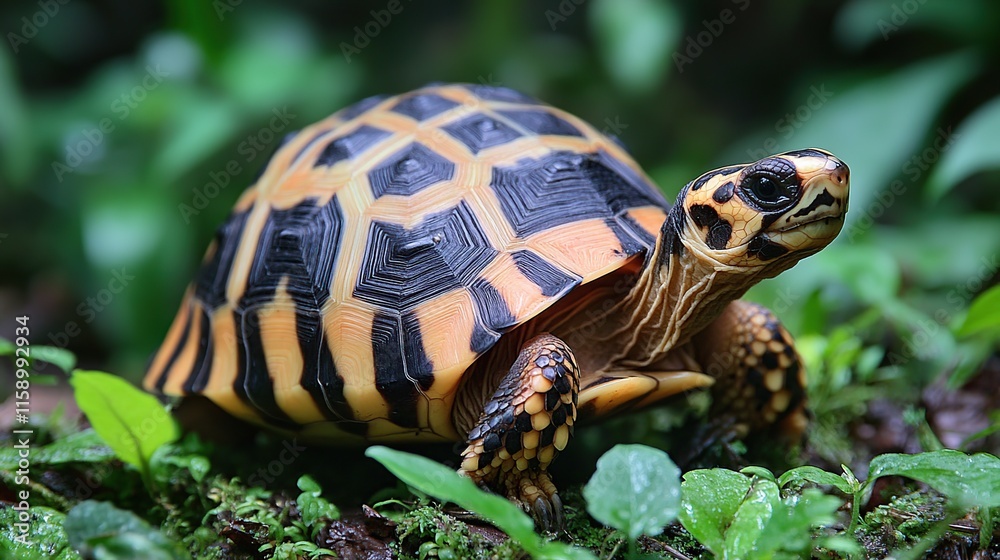 Close-up of a yellow-footed tortoise in lush green vegetation. Close-up of a yellow-footed tortoise in lush green vegetation.