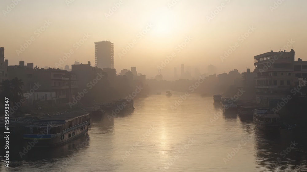 Naklejka premium Hazy Sunset Over City River with Soft Evening Light