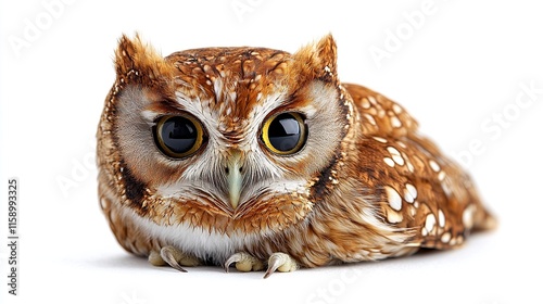 Close-up of a small, brown owl with large, dark eyes, sitting on a white background. photo