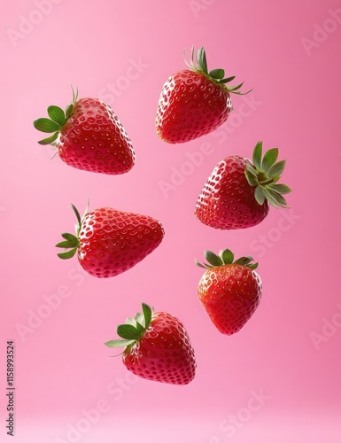 Six strawberries falling in the air, pink background, studio shot, close-up photo