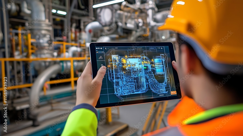 Engineers interacting with a virtual digital twin model on a tablet Engineers interacting with a virtual digital twin model on a tablet