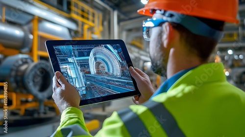Engineers interacting with a virtual digital twin model on a tablet 