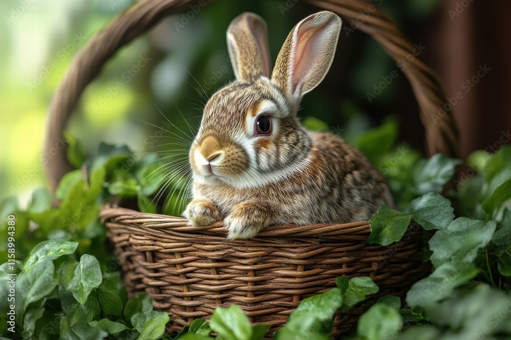 Obraz premium Rabbit resting comfortably in a wicker basket surrounded by lush greenery