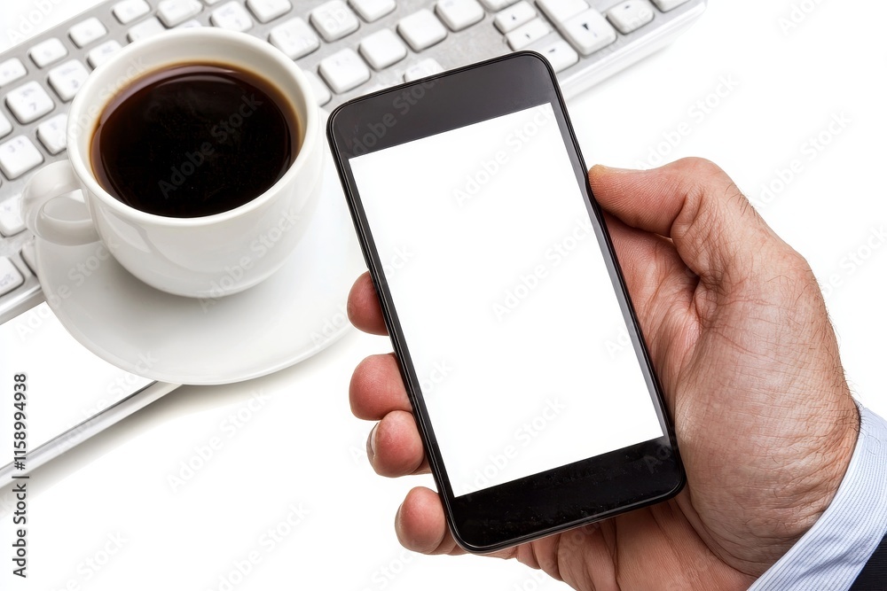 The idea of mobile payment or digital banking is depicted through a hand holding a smartphone and touching its screen featuring a blank card, with a cup of coffee placed on a nearby desk The idea of mobile payment or digital banking is depicted through a hand holding a smartphone and touching its screen featuring a blank card, with a cup of coffee placed on a nearby desk