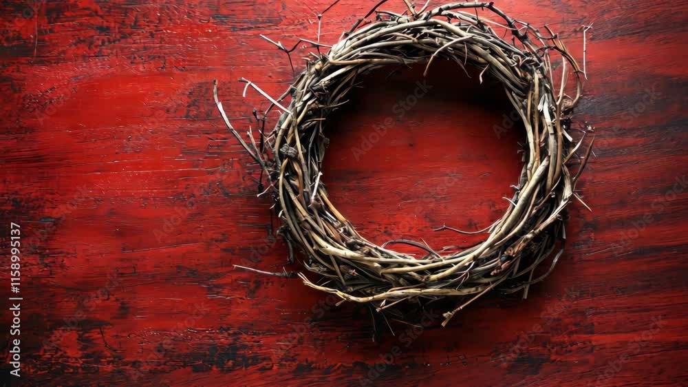 Rustic twig wreath on a vibrant red wooden surface for seasonal decor ideas Rustic twig wreath on a vibrant red wooden surface for seasonal decor ideas