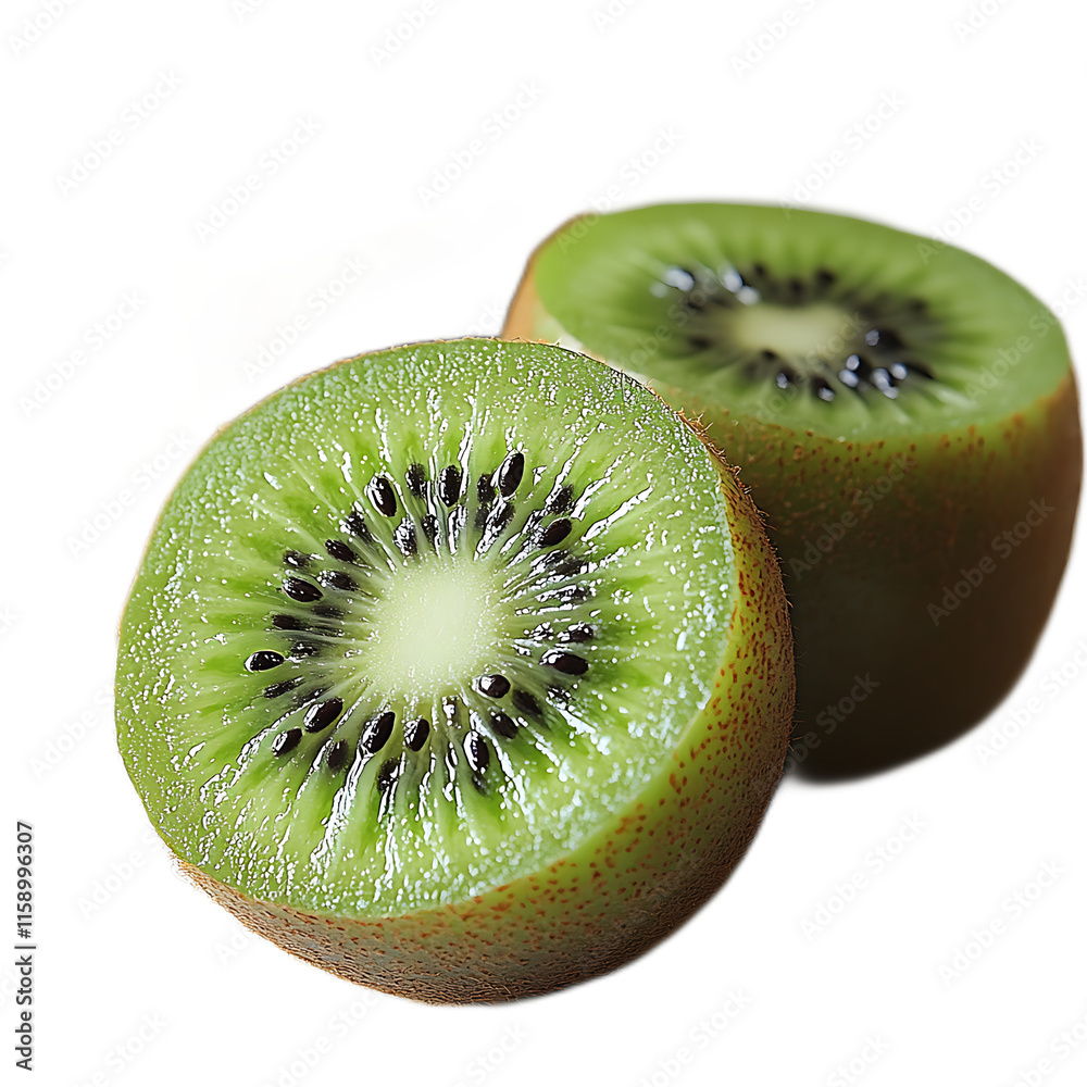 Fresh Kiwi Slices: A close-up shot of a juicy, ripe kiwi fruit sliced in half, revealing its vibrant green flesh and tiny black seeds.